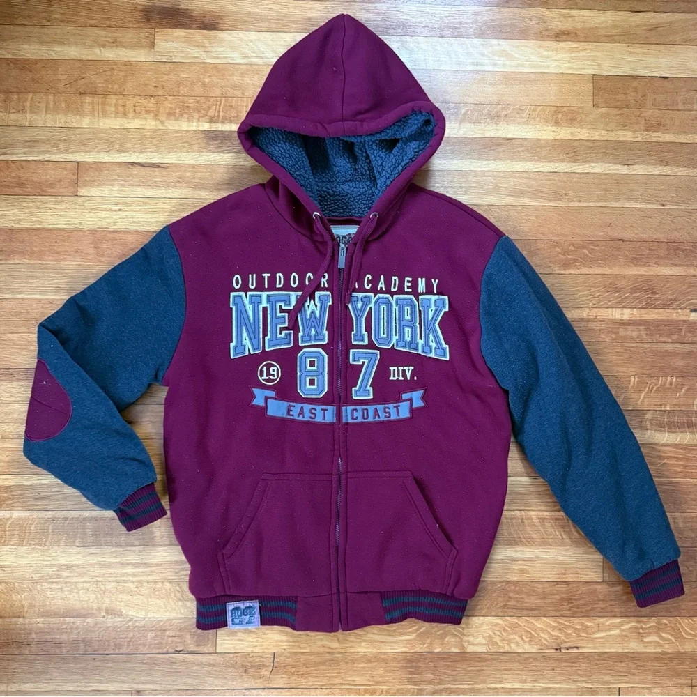 Rock Revolution Academic New York Burgundy Fleece-Lined Jacket HOODIE Sz L